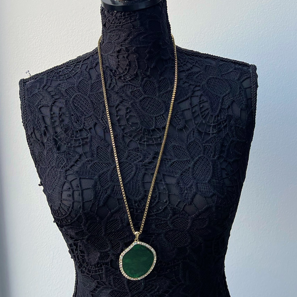 Laila Rowe Big Green Pendant With White Rhinestones Long Necklace